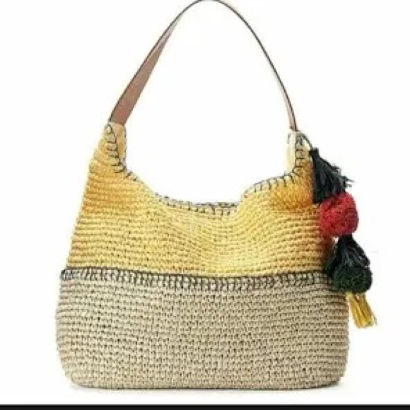 Hobo Style Straw Tote Yellow Natural Tassels - Picture 2 of 8